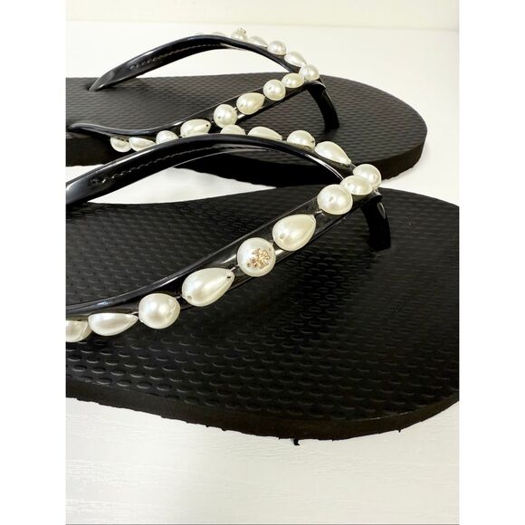 Tory Burch Pearl Embellished Flip Flop Sandals Logo 8 Black - Picture 3 of 5